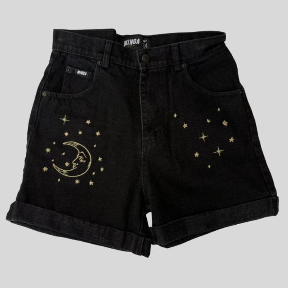 Minga London Celestial Black Denim Shorts - Moon & Stars Embroidery - Size 26